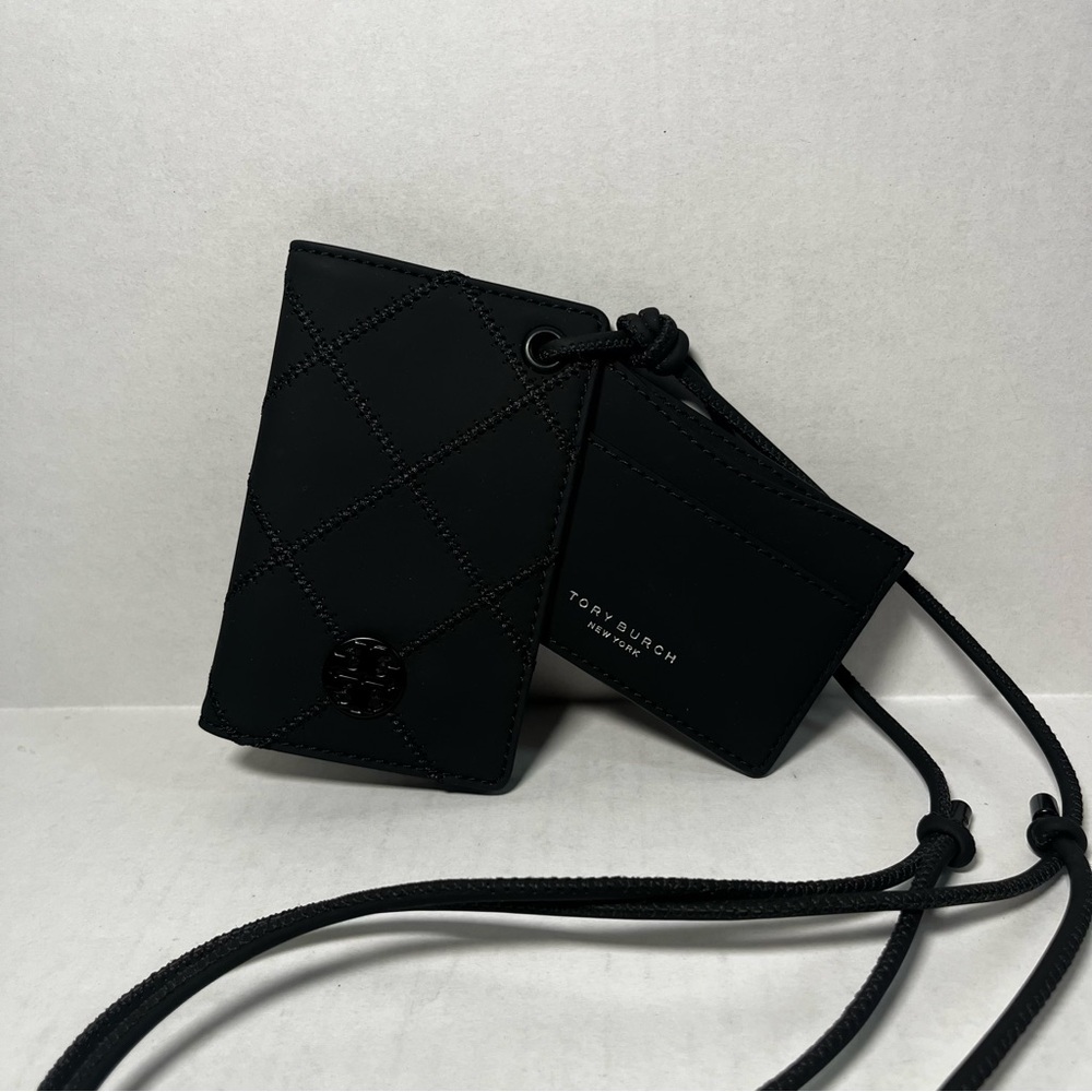 Tory Burch Willa Leather Lanyard Card Case Holder Matte Black